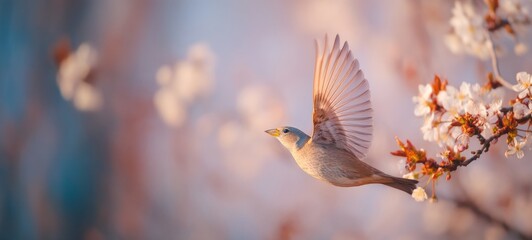 Fototapeta premium Hummingbird in Flight Gathering Pollen from Flower Buds with Spacious Composition and Ample Room for Text