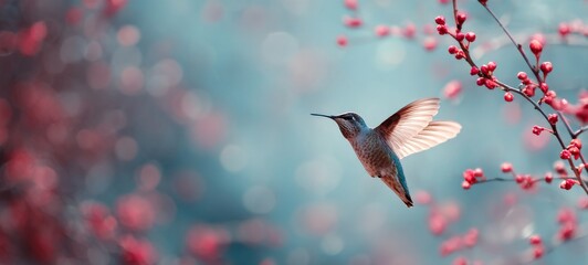 Fototapeta premium Hummingbird in Flight Gathering Pollen from Flower Buds with Spacious Composition and Ample Room for Text