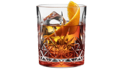 Classic old fashioned cocktail with ice and orange peel isolated on transparent background