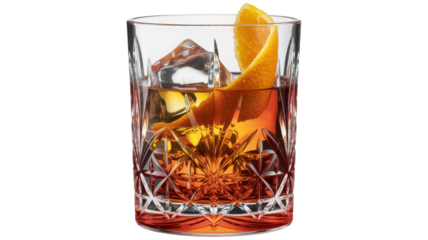 Classic old fashioned cocktail with ice and orange peel isolated on transparent background