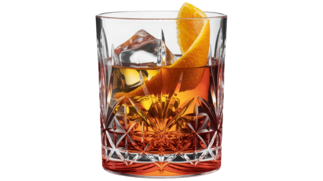 Classic old fashioned cocktail with ice and orange peel isolated on transparent background - Powered by Adobe