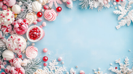 Elegant light blue holiday background adorned with charming white and red meringues, sparkly Christmas baubles, frosty pine branches, and decorative snowflakes.