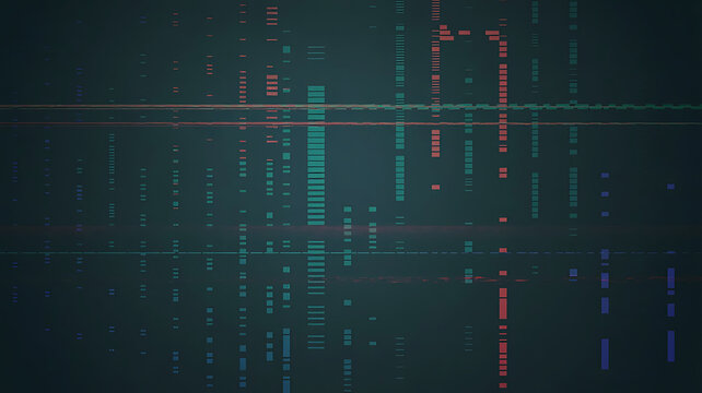 Abstract Data Stream Visualization with Glitching Rectangles and Horizontal Lines over Dark Background