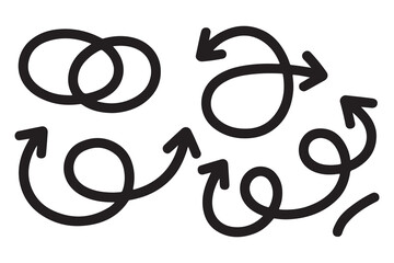 Collection of abstract hand drawn arrow shapes and linked circles silhouette