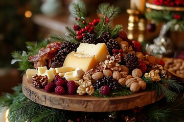 A holiday charcuterie board with cheese, nuts, berries, and festive decorations 