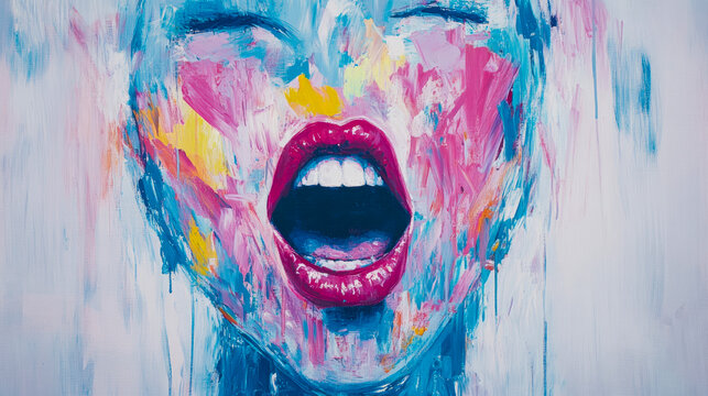 Vibrant abstract expressionist painting capturing powerful emotional scream or shout with wide open mouth and closed eyes, rendered in dynamic pink, blue, and yellow brushstrokes on white canvas.