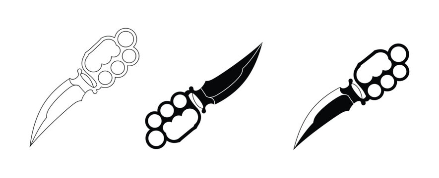 Vector set of brass knuckle knives in outline, partial fill, and solid silhouette styles. Ideal for weapon icons, martial arts, combat gear, or security design use.