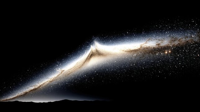 A vast spiral galaxy, illuminated by its bright core, stretches across a dark, star-filled expanse. A faint silhouette of a planetary horizon is visible at the