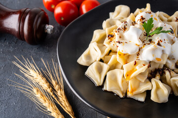 Traditional Turkish dish manti. Traditional dish made with handmade dough and minced meat.