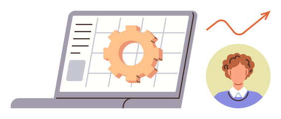 Laptop screen displays gear within grid, arrow signifies growth, user avatar foregrounds personalization. Ideal for productivity, analytics, teamwork, project planning, automation, growth