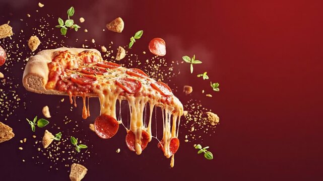 pepperoni pizza slice with stretchy melted cheese pull, crumbs and oregano particles floating slowly