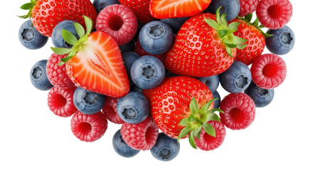 Fresh mixed berries isolated PNG, vibrant strawberries, blueberries, and raspberries on transparent background for healthy eating and summer designs