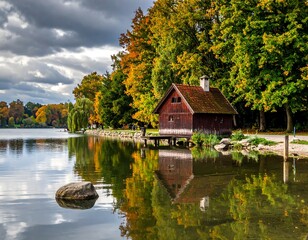Scenic Lakeside Cabin Retreat in Autumn with Reflections.