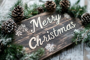 A rustic wooden sign displaying "Merry Christmas" in elegant script, surrounded by pinecones and evergreen branches