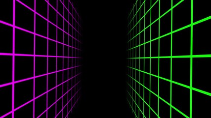 Futuristic 3D magenta and green neon wire frame grid tunnel rotating and advancing towards the center on a black background. Ideal for tech, cyberspace, gaming, and intro backdrops. - Powered by Adobe