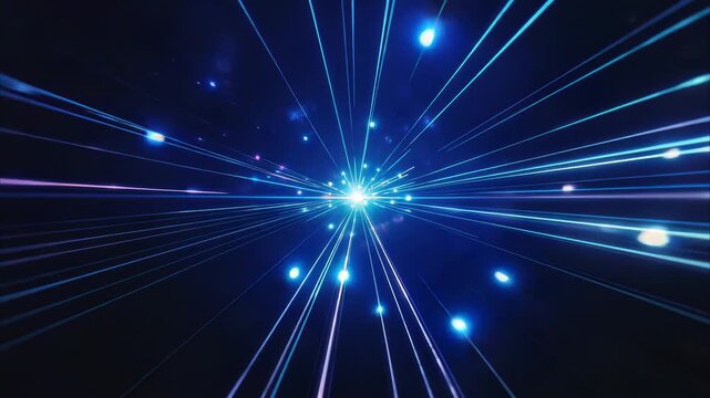 High speed warp drive motion through neon blue and violet streaks in space, bright energy beams converging toward glowing center