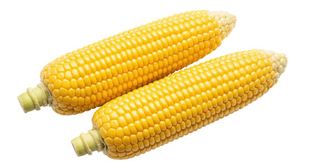 Two fresh yellow corn cobs isolated PNG, sweetcorn on transparent background, healthy vegetable for cooking and vegetarian diet