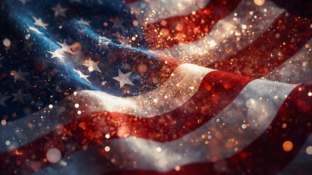 Patriotic American Flag with Sparkling Bokeh Lights Symbolizing Freedom and Celebration in the USA