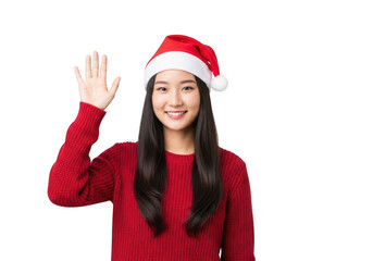 Young asian woman wearing santa hat waving hello, isolated on transparent background