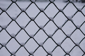 Fototapeta premium Ein Drahtzaun mit Schnee bedeckt, Nahaufnahme, mit verschneitem Hintergrund. Die Nahaufnahme betont die Metallstruktur und winterliche Atmosphäre.