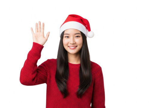Young asian woman wearing santa hat waving hello, isolated on transparent background