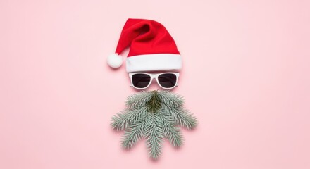Funny christmas character with santa hat and sunglasses on pink background