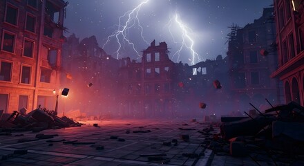 Post Apocalyptic City Ruins with Lightning and Embers