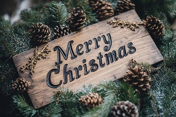 A rustic wooden sign displaying "Merry Christmas" in elegant script, surrounded by pinecones and evergreen branches