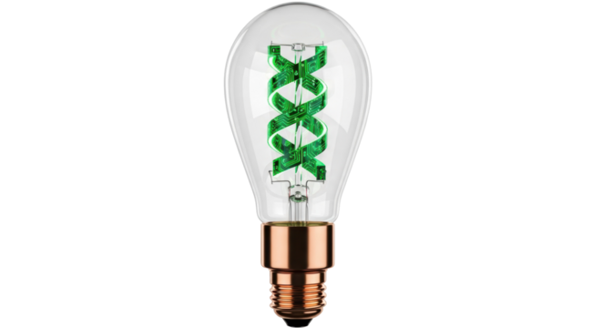 Decorative light bulb with green circuit board filament isolated PNG, modern technology and innovative design for creative projects