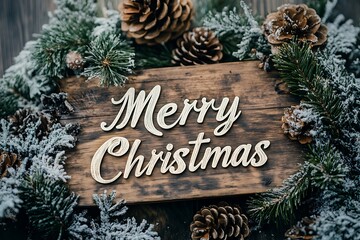 A rustic wooden sign displaying "Merry Christmas" in elegant script, surrounded by pinecones and evergreen branches