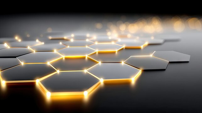A close-up, low-angle view of a dark hexagonal grid structure with glowing orange light emanating from its edges. Soft, out-of-focus bokeh lights are visible in