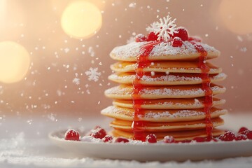 A stack of golden pancakes with cranberry syrup and snowflake sprinkles 