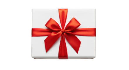White gift box with red ribbon bow isolated on transparent background