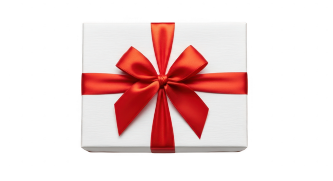 White gift box with red ribbon bow isolated on transparent background