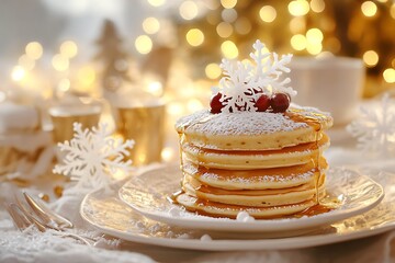A stack of golden pancakes with cranberry syrup and snowflake sprinkles 