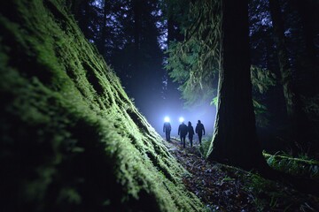 Group walks along a wooded path illuminated by headlamps
