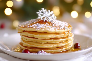 A stack of golden pancakes with cranberry syrup and snowflake sprinkles 