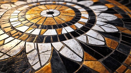 Beautifully crafted mosaic surface featuring a detailed circular design in shades of brown, black, and white