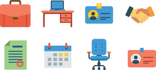 Office and workplace icon set with briefcase, desk, ID badge, handshake, calendar, chair, and document vector illustrations