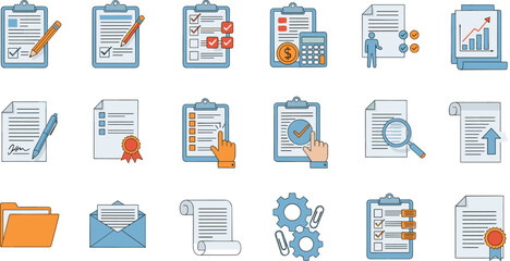 Office and document icon set with clipboards, charts, folders, envelopes, checklists, gears, and magnifying glass illustrations