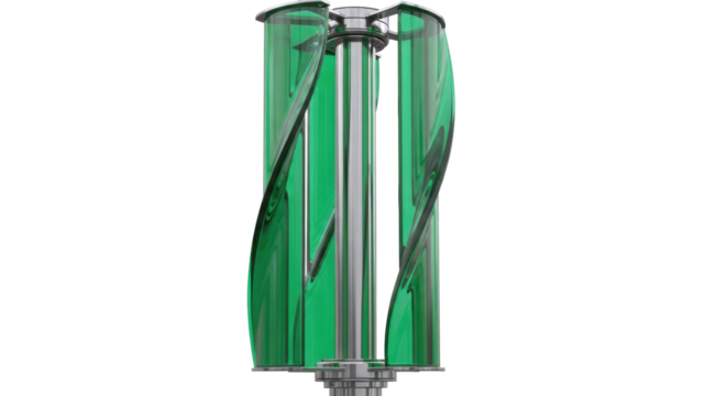 Green vertical axis wind turbine PNG isolated on transparent background, sustainable energy generator for renewable power - Powered by Adobe