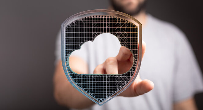 Abstract image representing cloud security, data protection and digital transformation. Person pointing at clou - Powered by Adobe