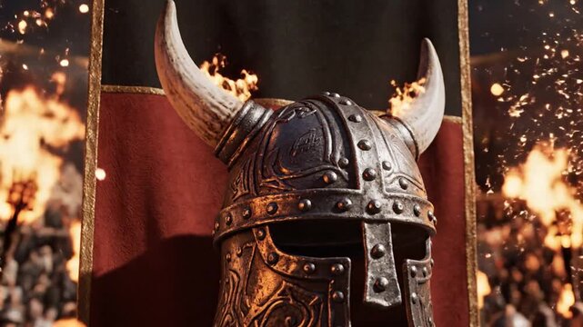 Up Helly Aa Viking banner video, detailed Viking helmet in front, fire reflections shimmering on metallic surface