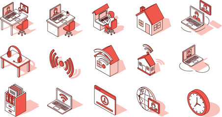 remote, work, icons, isometric, digital, communication, laptop, desk, house, wifi, signal, browser, download, globe, video, call, coffee, clock, dual, monitor, headset