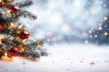 Blurred background of twinkling Christmas tree lights and festive garlands 