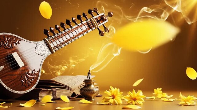 Vasant Panchami banner, sacred Saraswati veena with book and ink pot, floating yellow flower petals