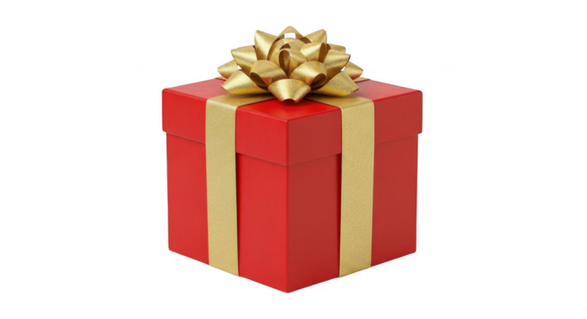 Red gift box with gold ribbon and bow, isolated on transparent background