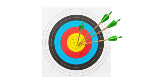 Archery target with arrows PNG isolated on transparent background, bullseye sport equipment for accuracy and precision