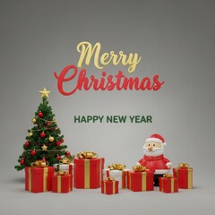 Festive holiday celebration: Santa, gifts, and Christmas tree against a calm background