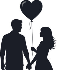 Silhouette of a couple holding hands beneath a large heartshaped balloon isolated on white background